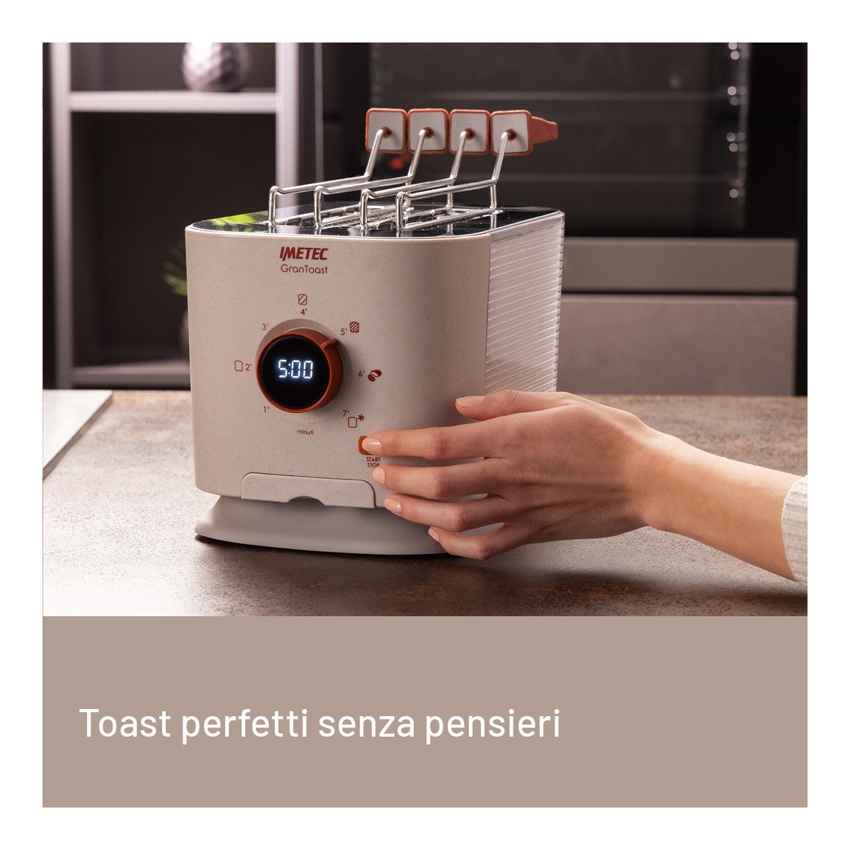 Imetec Grantoast - Tostapane 2 Fette XL con Pinze Apribili per Toast Farciti - 7 Livelli Doratura, Facile Pulizia, Display LED, Griglia Scalda Brioche, Pizzette e Focacce, Timer Digitale, Acciaio Inox.