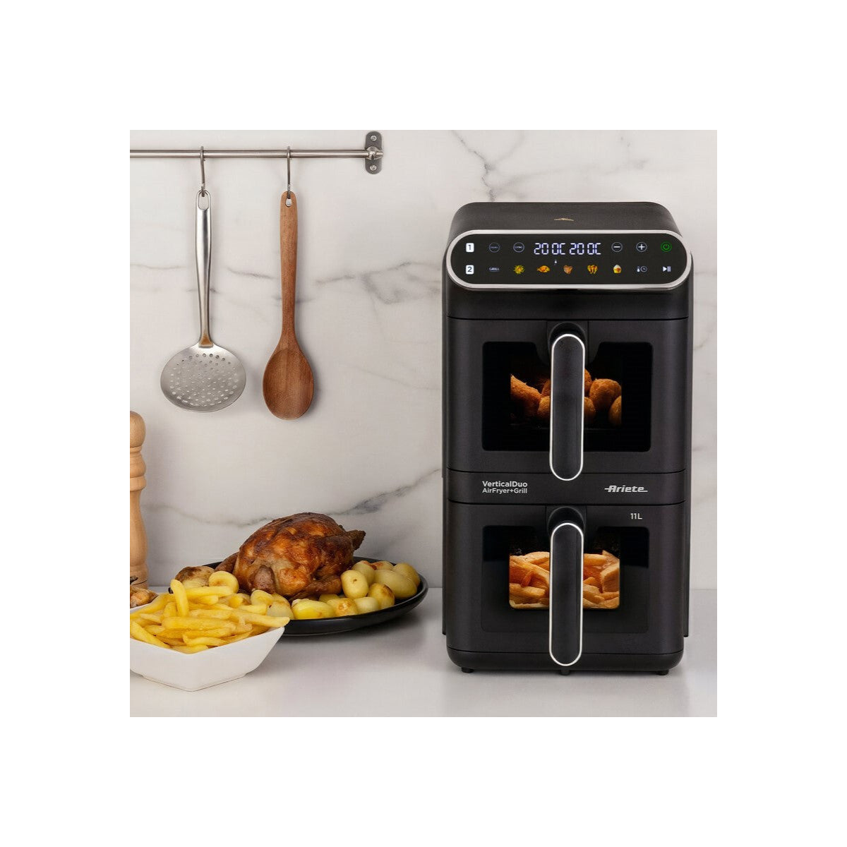 Ariete 4640 Air Fryer Vertical Duo - Friggitrice Ad Aria Doppia Verticale, 11L, 2460W, 6 Programmi, Funzioni Sync E Dual, Fino A 200 C, Nera