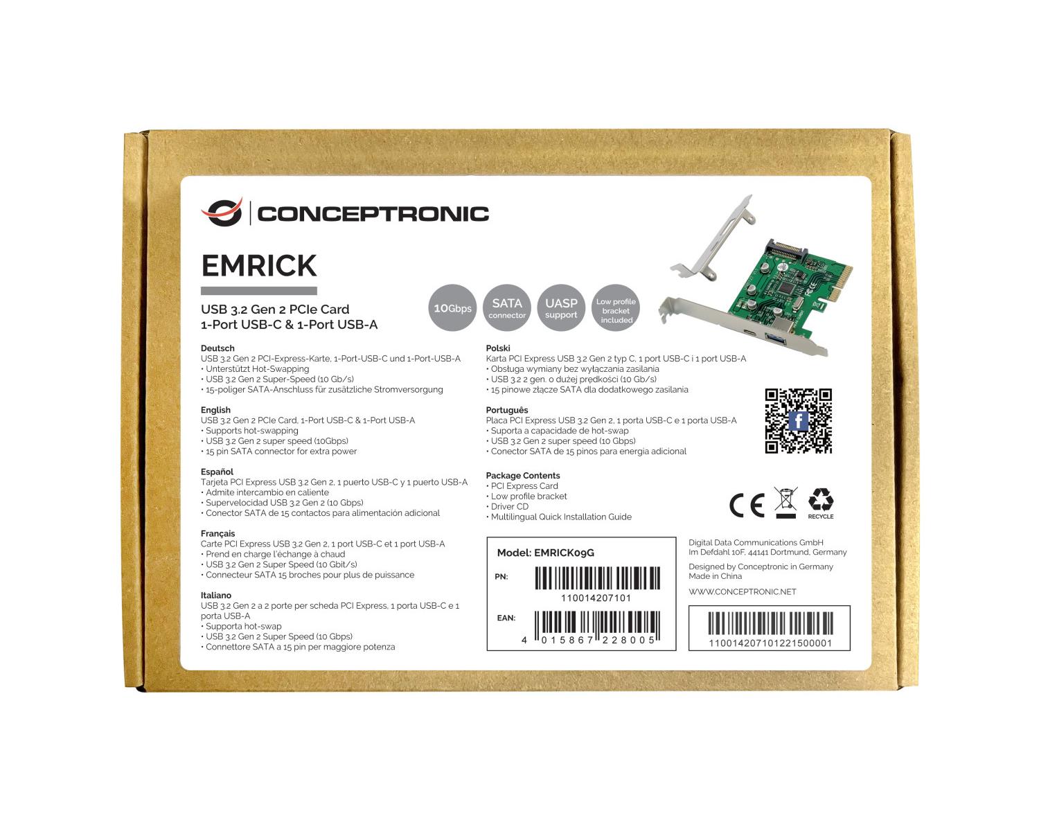 Conceptronic EMRICK09G scheda di interfaccia e adattatore Interno USB 3.2 Gen 2 (3.1 Gen 2)