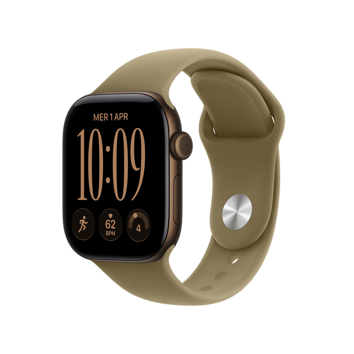 Apple Watch Series 12 GPS, cassa 42 mm in alluminio color bronzo scuro con cinturino Sport oliva - S/M