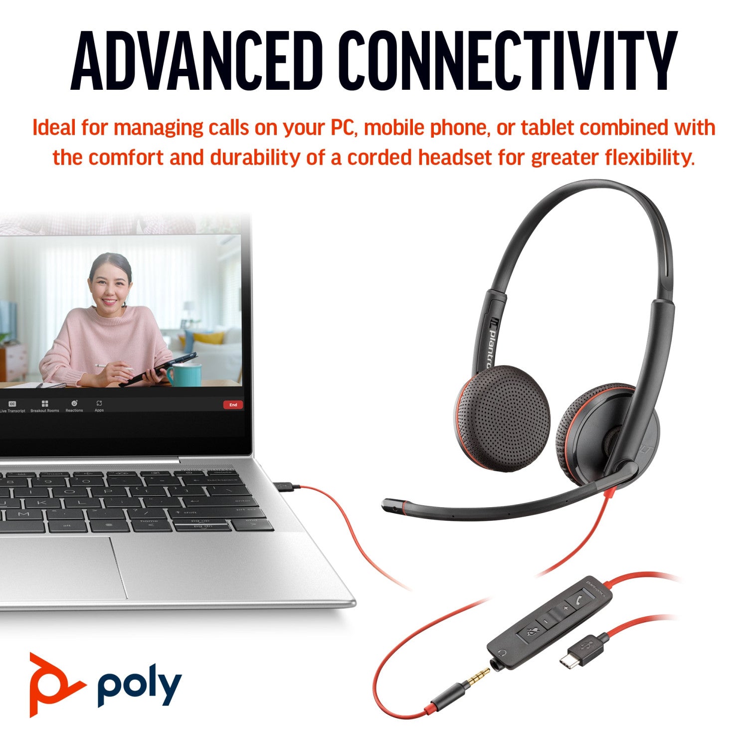 Cuffie Poly Blackwire 3225 stereo USB-C spinotto da 3,5 mm adattatore USB-C/A