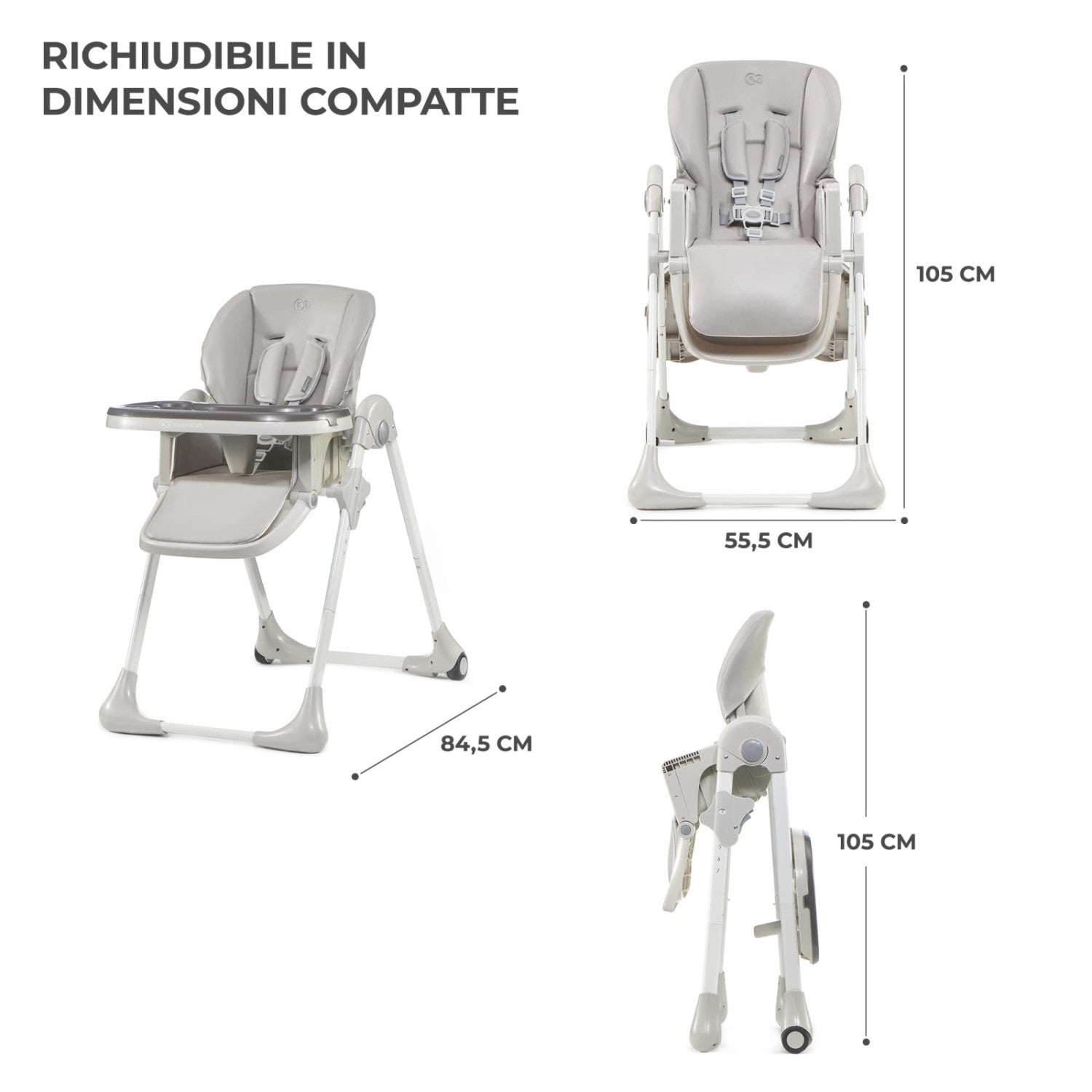 Kinderkraft Yummy Seggiolone Pappa Regolabile Pieghevole, 7 Altezze, Schienale 3 Posizioni, Cinture 5 Punti, 6 Mesi-3 Anni, Grigio