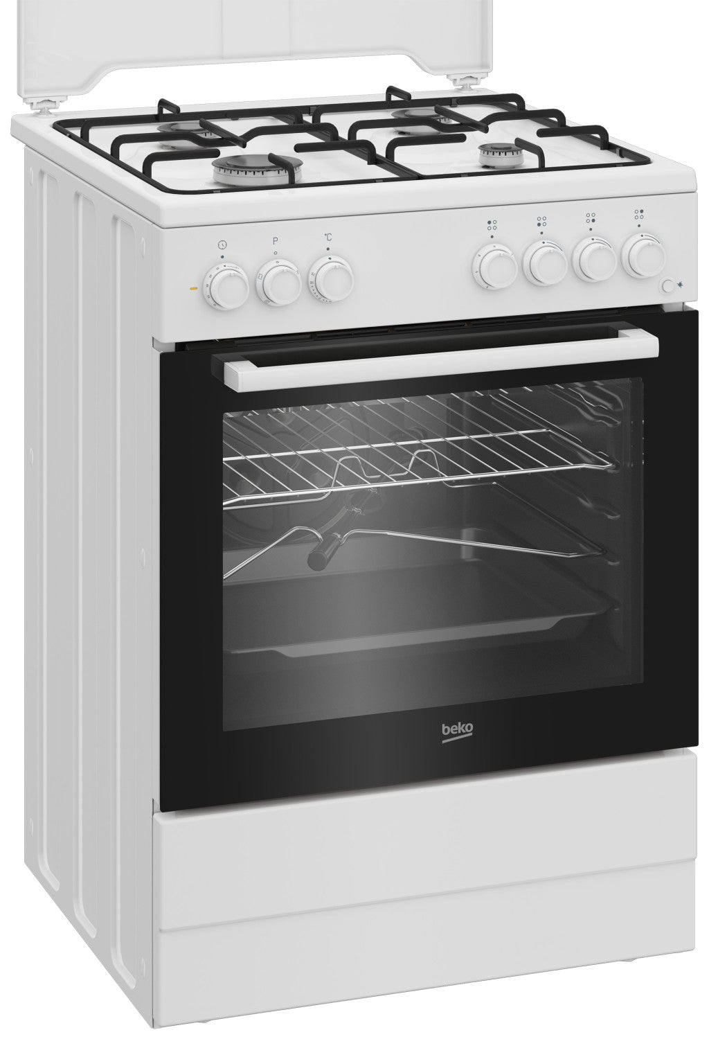 Beko Cucina a gas con Forno Elettrico Statico con Grill Elettrico e Timer,coperchio in metallo, ventilazione tangenziale, Classe A, Bianco