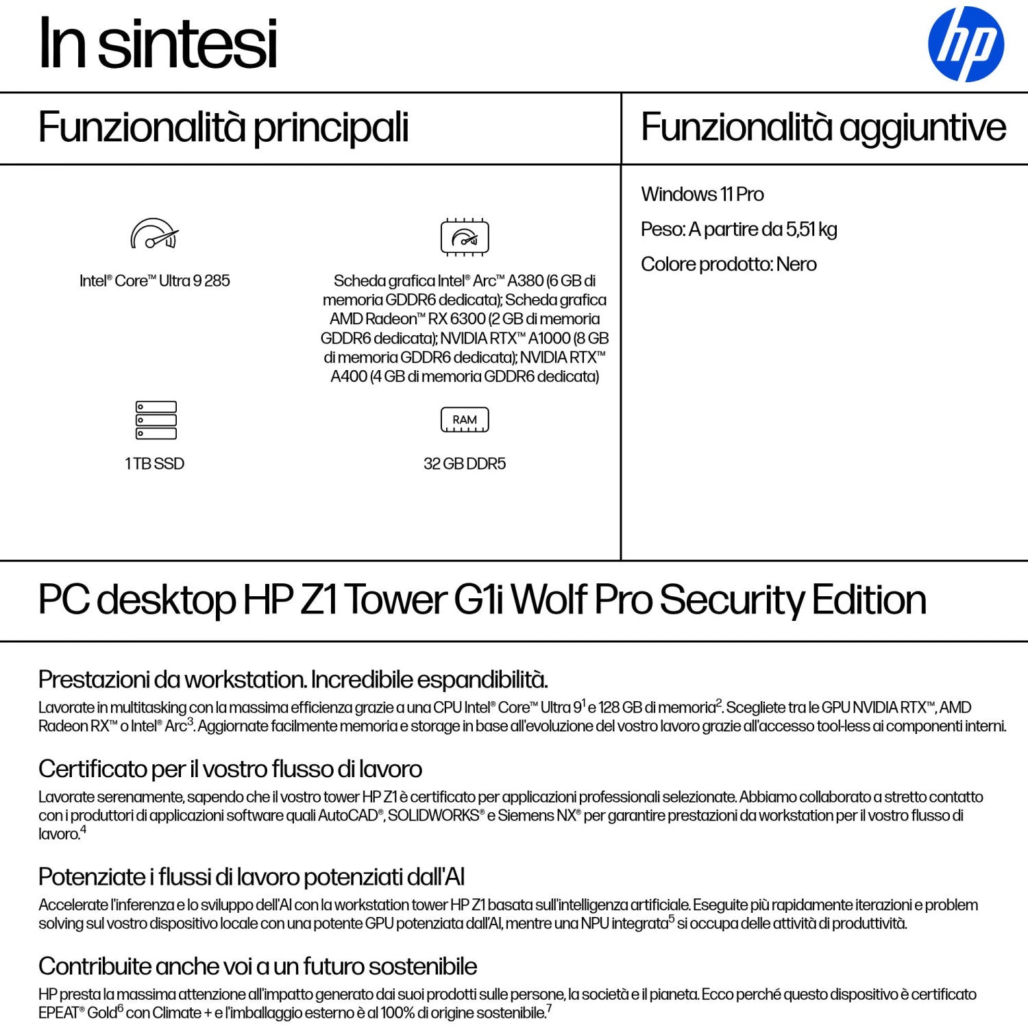 HP Z1 Tower G1i Desktop PC Wolf Pro Security Edition Intel Core Ultra 9 285 32 GB DDR5-SDRAM Windows 11 Pro Stazione di lavoro AI Workstation, AI PC