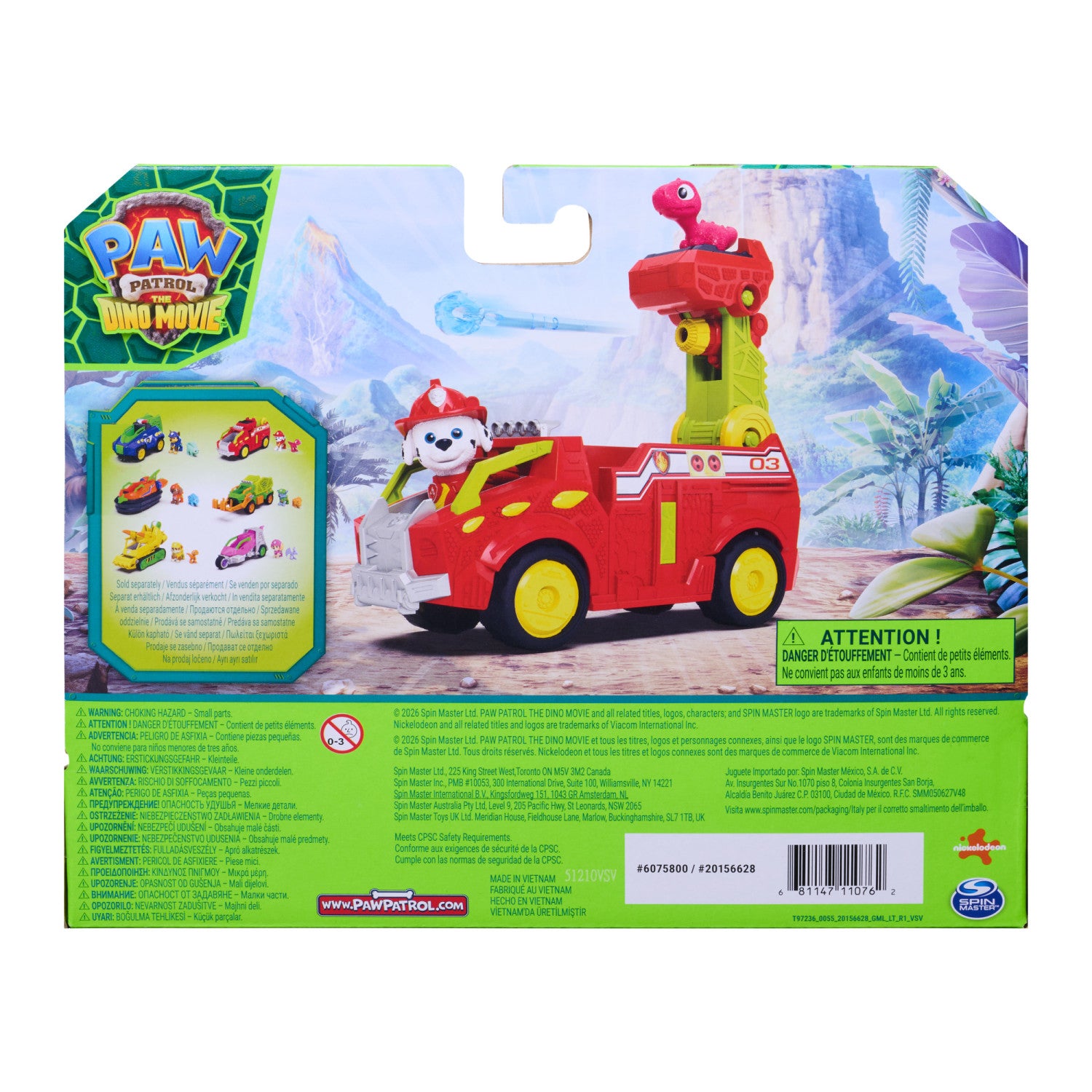 PAW Patrol : The Dino Movie, camion dei pompieri Marshall Dino Rescue con lanciamissili rotante a 360 con 2 action figure, giocattoli per bambine e bambini dai 3 anni in su