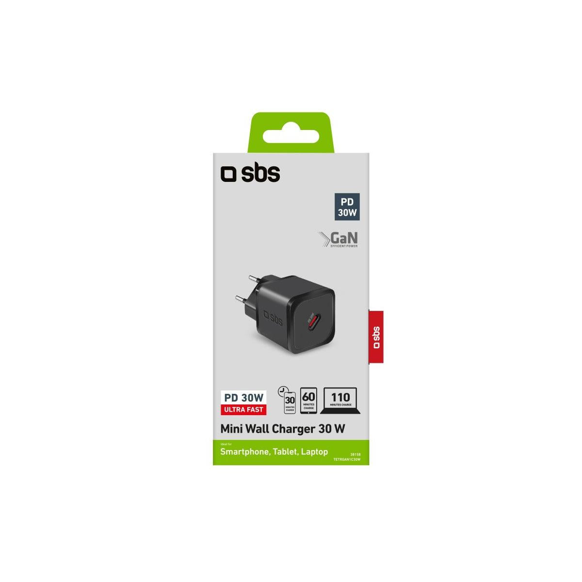 SBS TETRGAN1C30W Caricabatterie per dispositivi mobili Cuffie. Computer portatile. Smartphone. Orologio intelligente. Tablet Nero AC Ricarica rapida Interno