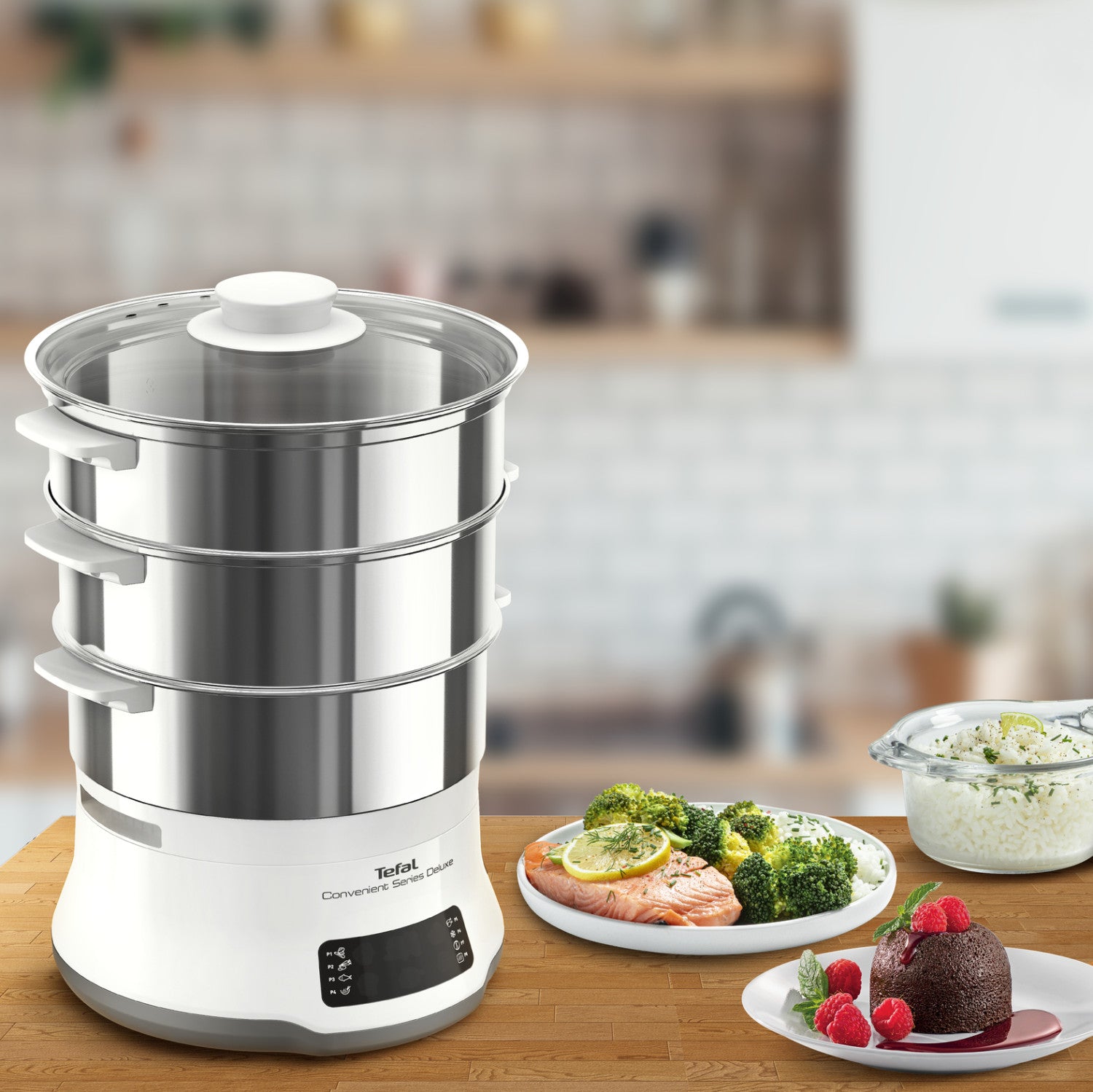 Tefal Convenient Series Deluxe VC502D pentola a vapore 3 cestelli Superficie piana 900 W Acciaio inox Bianco