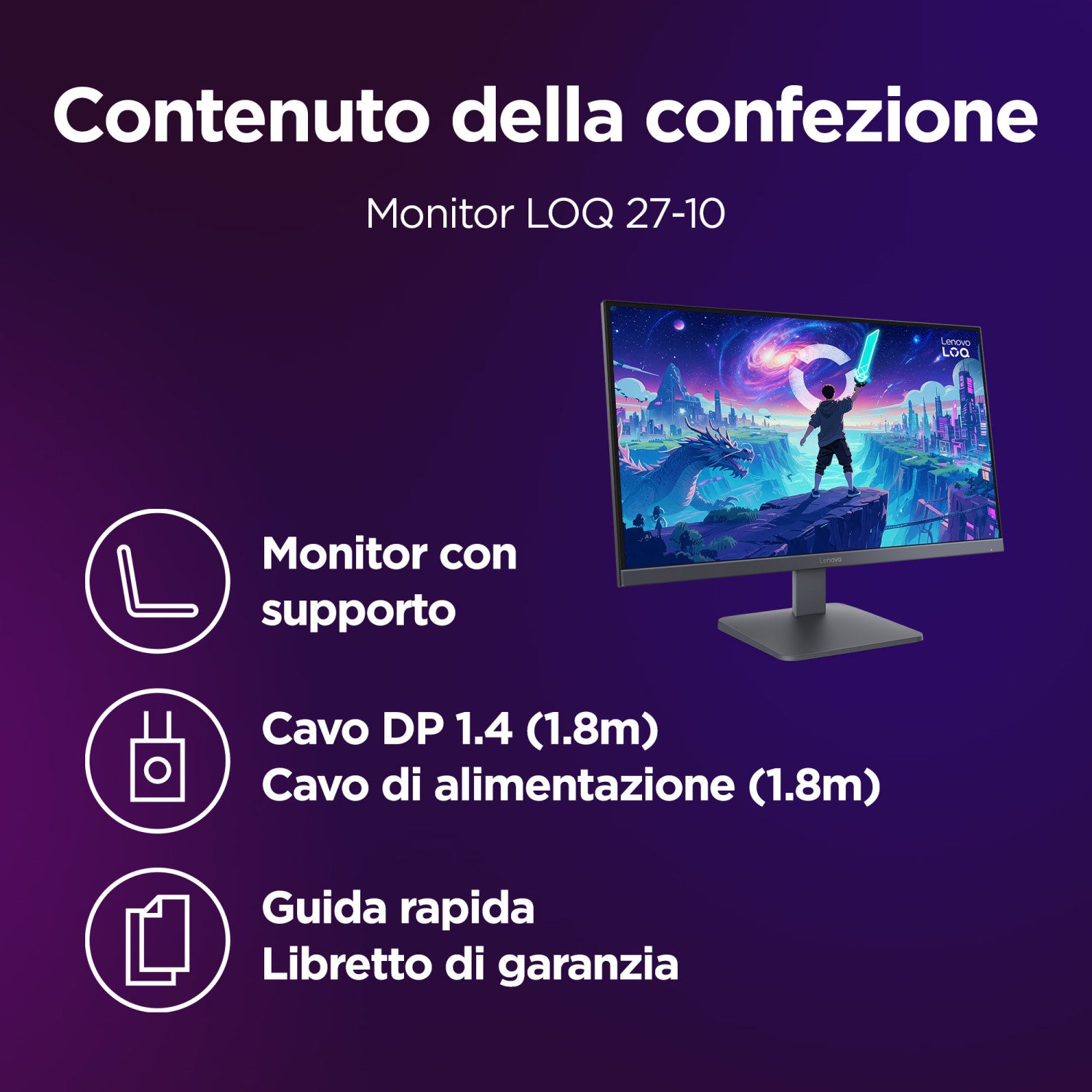 Lenovo LOQ 27-10 - Monitor Gaming 27" IPS Flat FHD 1920x1080 0 200Hz 0.5ms - AMD FreeSync Premium VESA AdaptiveSync 2xHDMI 2.1 1xDP 1.4 - Stand Tilt Cavo DP incluso