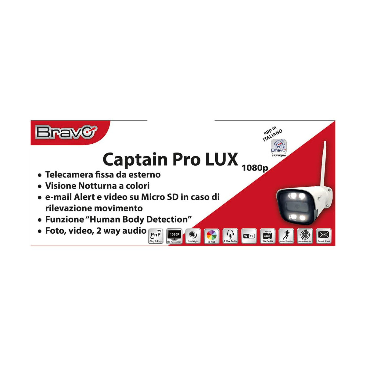 Bravo Telecamera Wireless Da Esterno Captain Pro Lux Full HD 1080p Wi-Fi Visione Notturna a Colori IP66