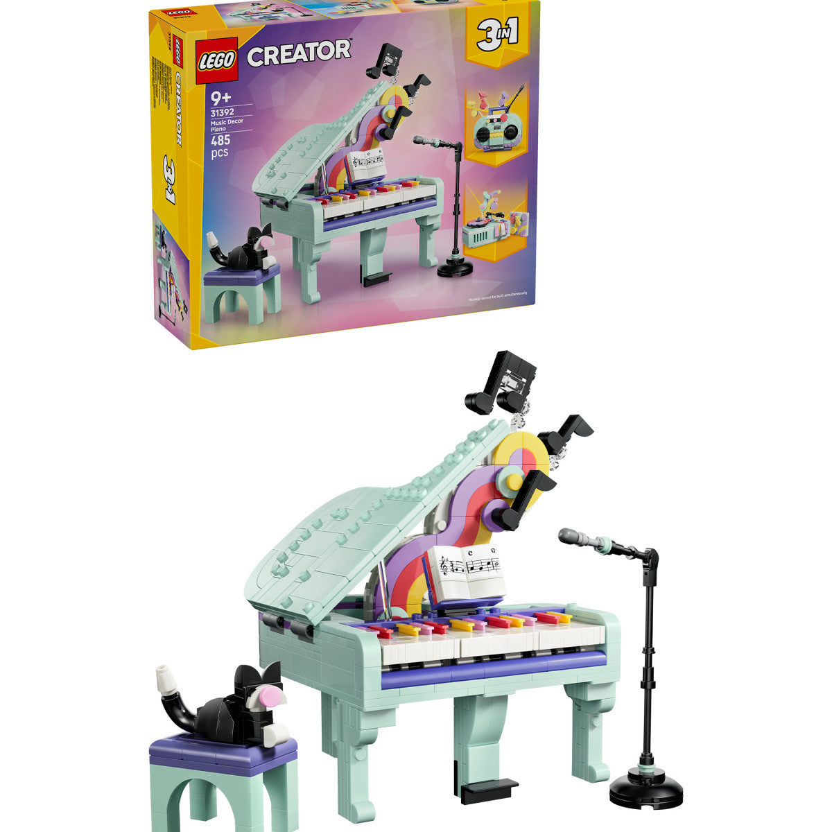 LEGO Creator 31392 3in1: Pianoforte Decorativo con Gatto, Giocattolo Retrò Trasformabile in Radio o Giradischi, Regalo da 9