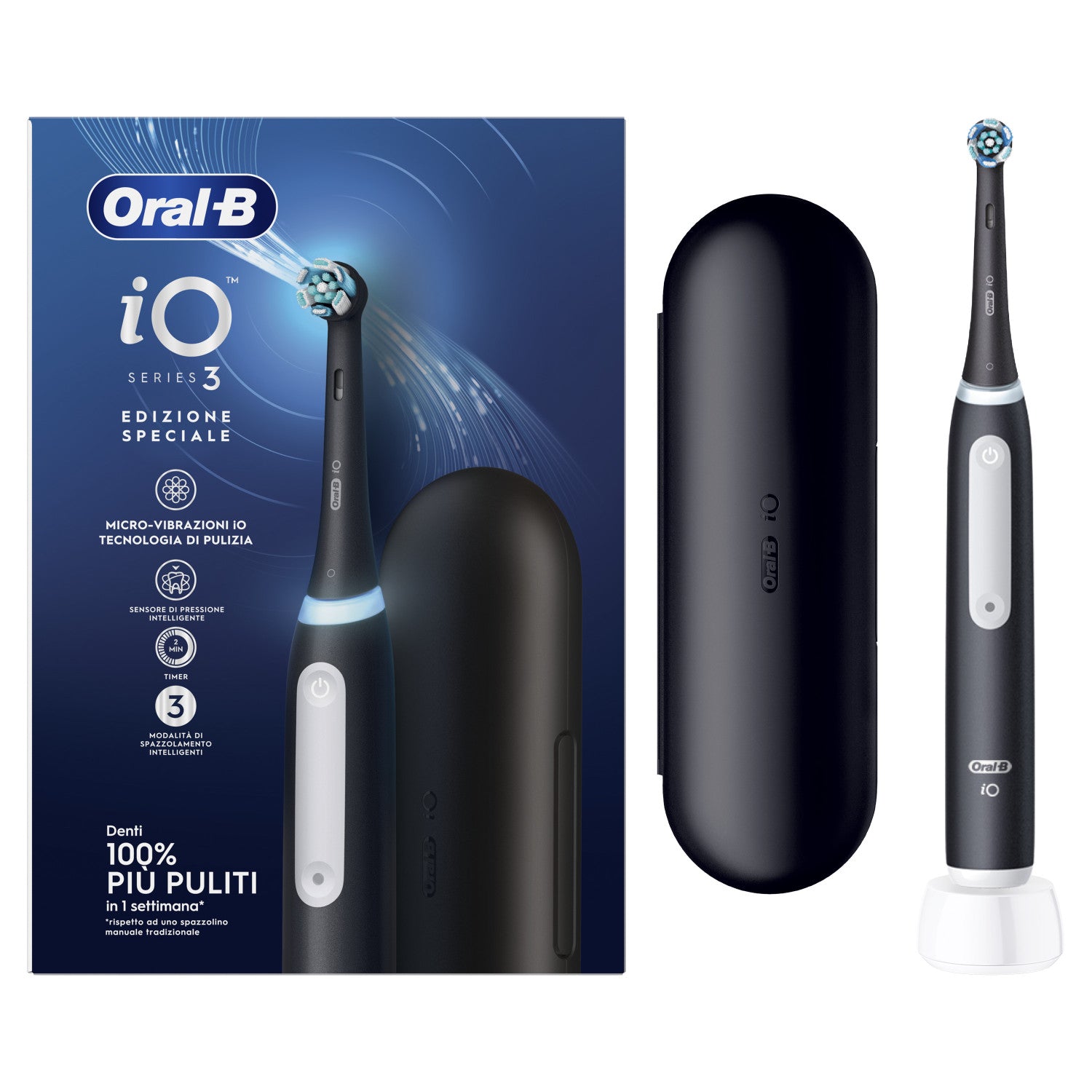 Oral-B Spazzolino Elettrico Ricaricabile iO 3 Nero, 1 Testina Di Ricambio, 1 Custodia Da Viaggio. 1 Spazzolino