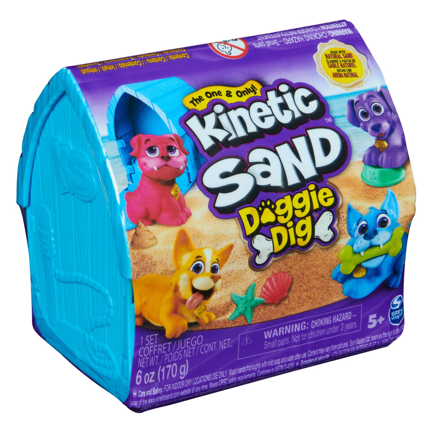 Kinetic Sand , Mini Cagnolino, 170g di Sabbia Cinetica Naturale, 1 Cagnolino a Sorpresa, 2 Accessori, Custodia a Forma di Cuccia. Giocattoli per Bambini e Bambine, 3