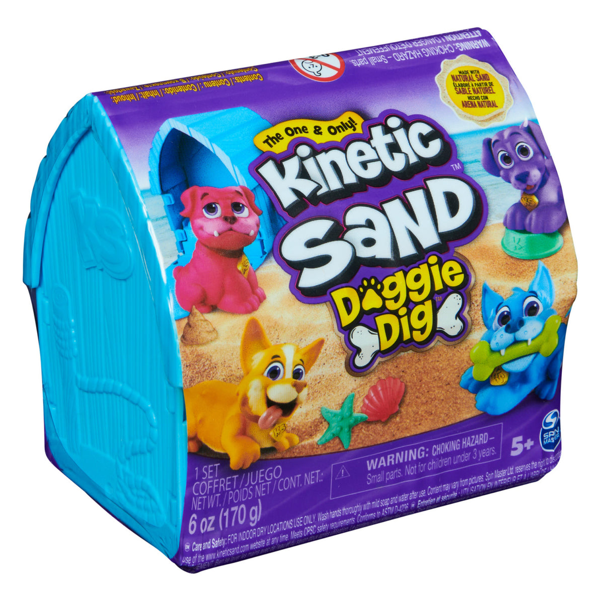 Kinetic Sand , Mini Cagnolino, 170g di Sabbia Cinetica Naturale, 1 Cagnolino a Sorpresa, 2 Accessori, Custodia a Forma di Cuccia. Giocattoli per Bambini e Bambine, 3