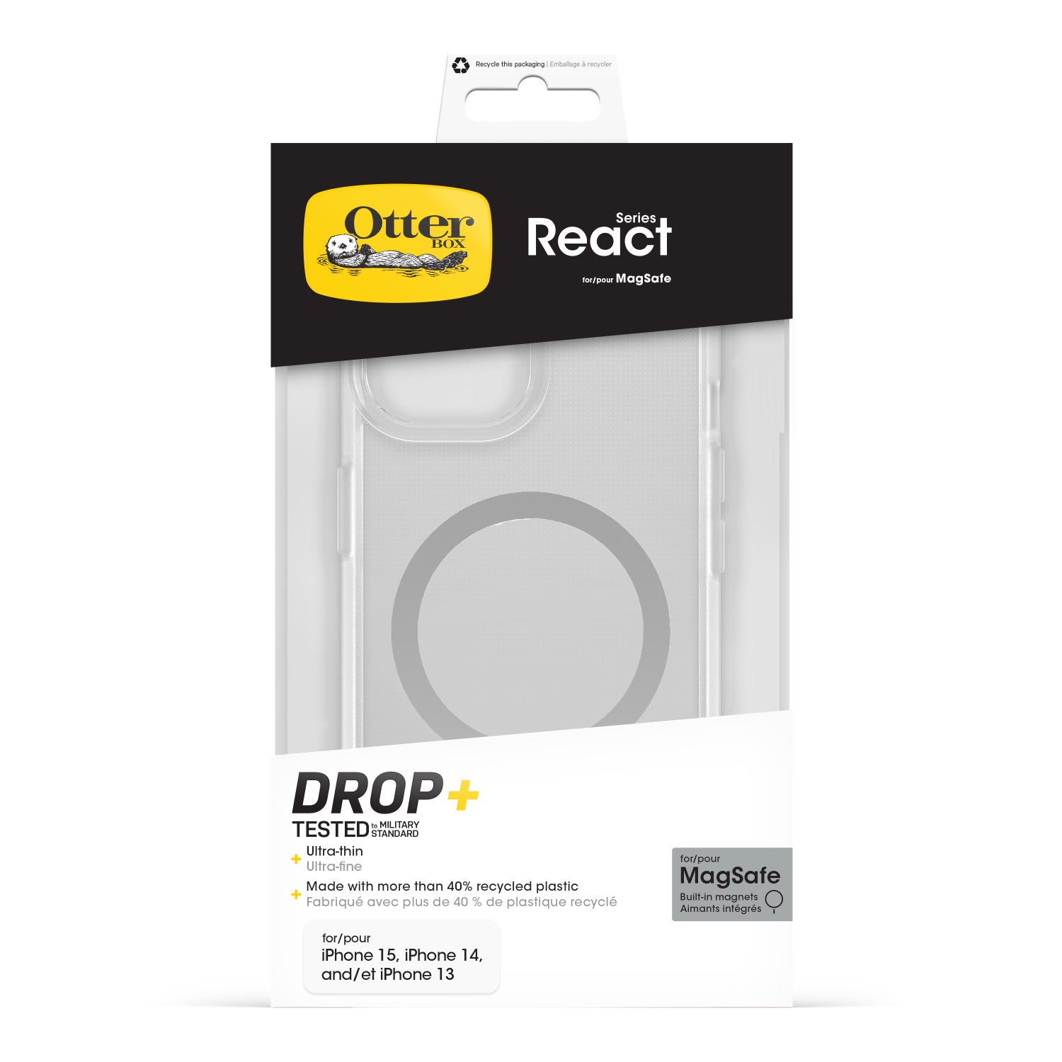 OtterBox React per MagSafe Series per Apple iPhone 16e/15/14/13, trasparente