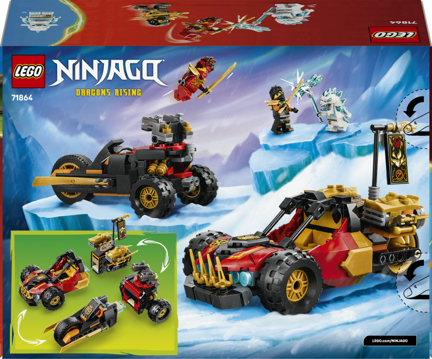 LEGO Ninjago 71864 Veicoli Combinanti di Kai e Cole, con Macchina e Moto Giocattolo e 3 Minifigure, Regalo per Bambini da 7