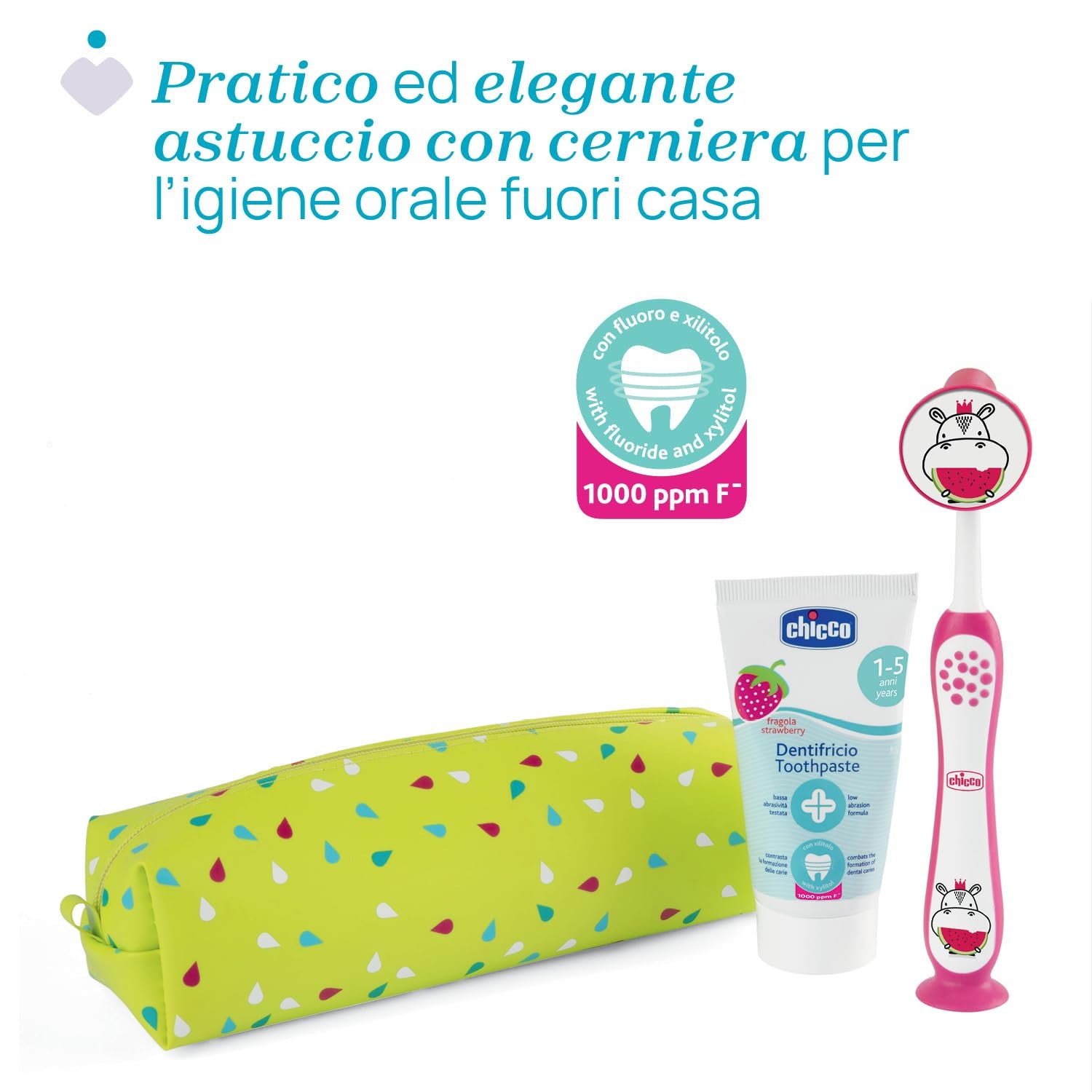 Chicco Set Dentale 3-6 Anni Rosa - Spazzolino Setole Morbide e Dentifricio Gusto Fragola con Custodia da Viaggio