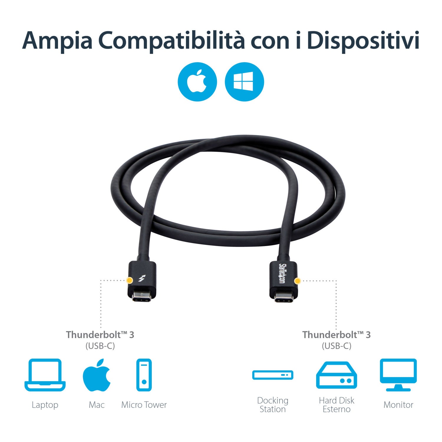StarTech.com Cavo Thunderbolt 3 da 1m, 20Gbps, 100W PD, 4K, Certificato Thunderbolt, Compatibile con Thunderbolt 4/USB 3.2/DP Alt Mode/USB4