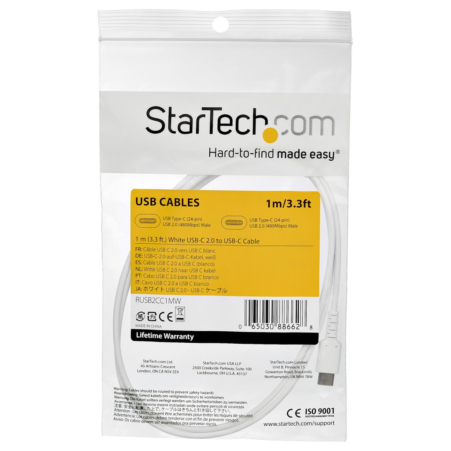 StarTech.com Cavo di Ricarica USB-C da 1m - Resistente Cavetto USB-C di Ricarica Veloce e Sync da USB 2.0 a USB Type C - Rivestimento in TPE e Fibra Aramidica M/M 60W Bianco, Samsung S10/S20/Ipad Pro/MS Surface