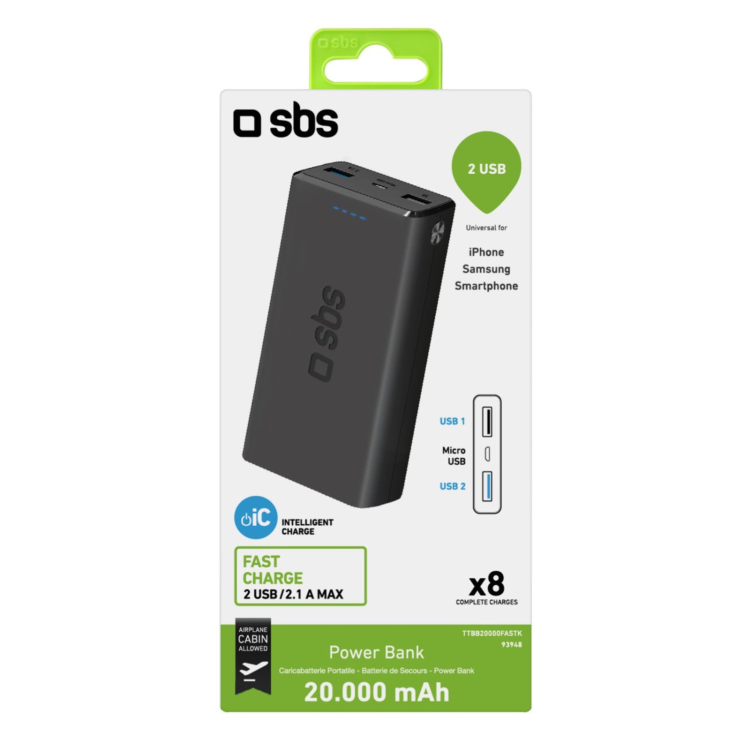 SBS Power bank 20.000 mAh extra slim con porta USB 2.1A Intelligent Charge IC